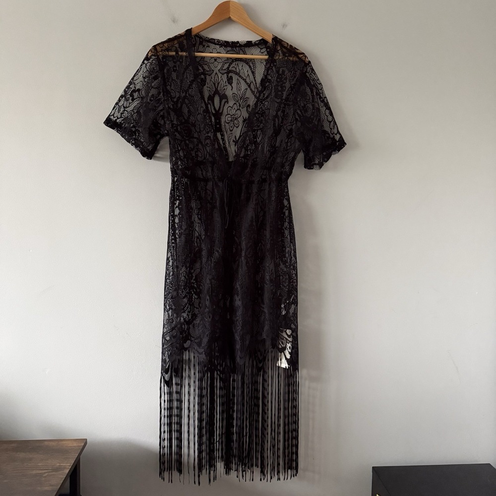 SHEIN Lace Tie Front Duster Wrap Womens L Long Phoebe Buffay Boho Festival